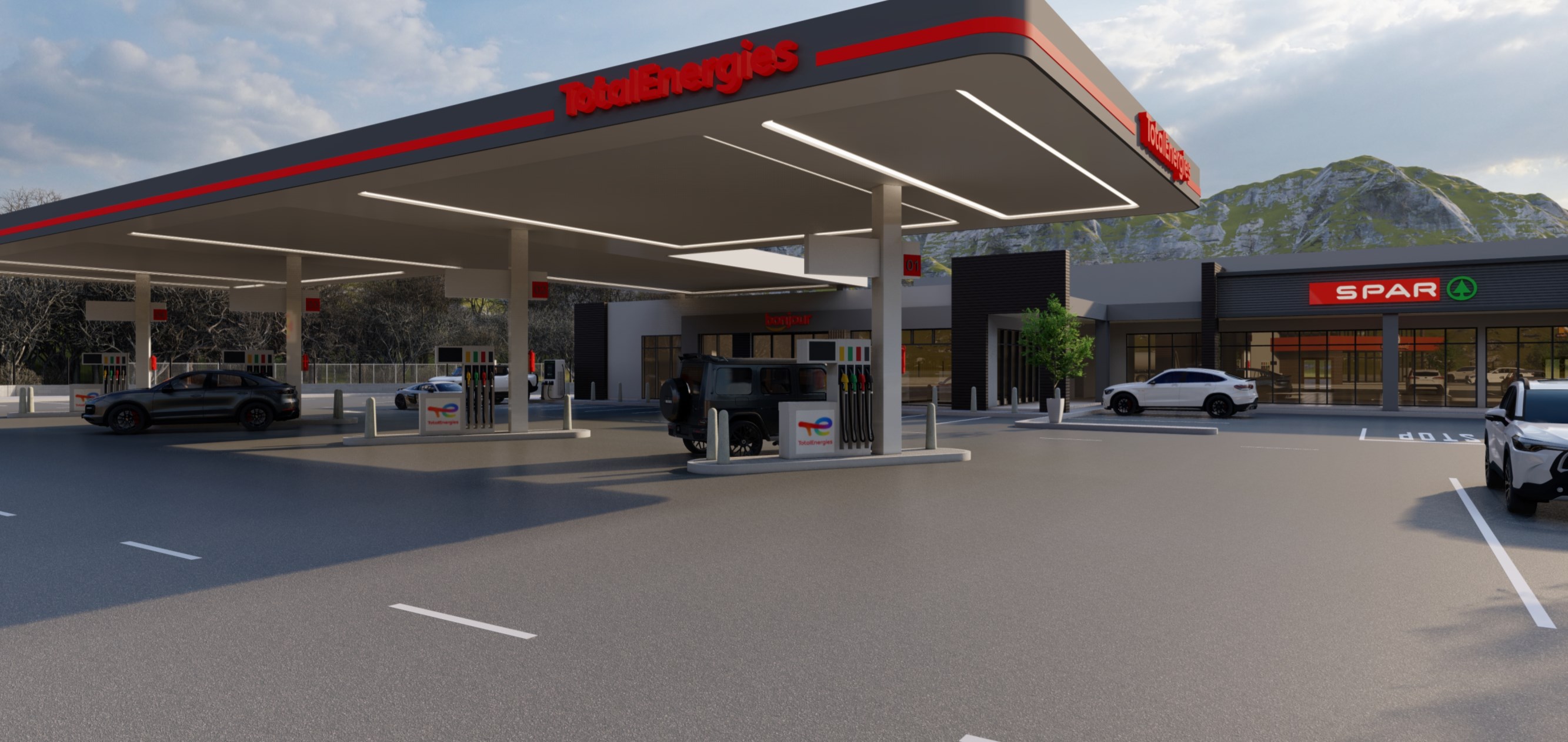 Render of the filling station canopy and forecourt
