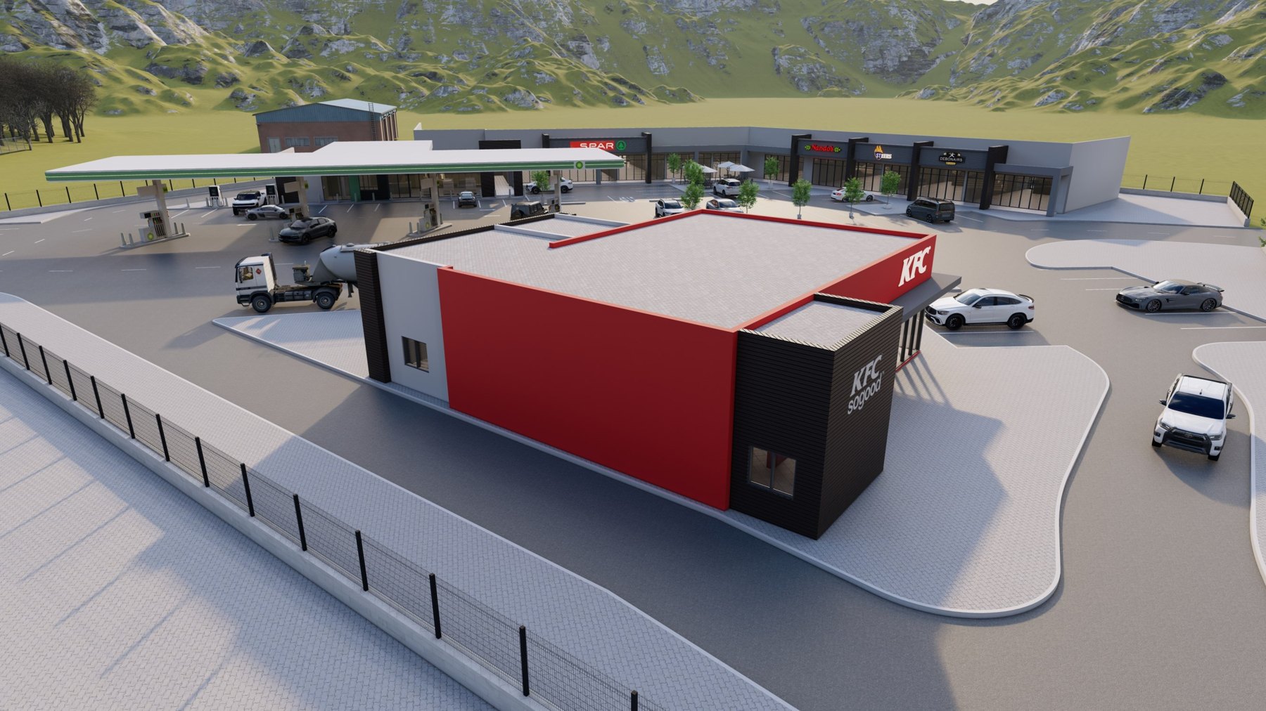 Aerial render of the full site layout with drive-through