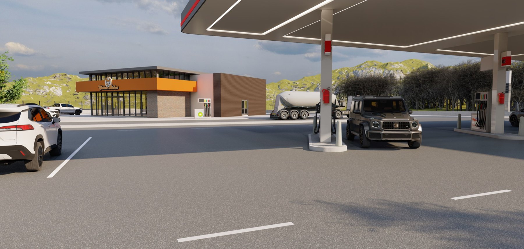 Render of the filling station canopy alongside the centre