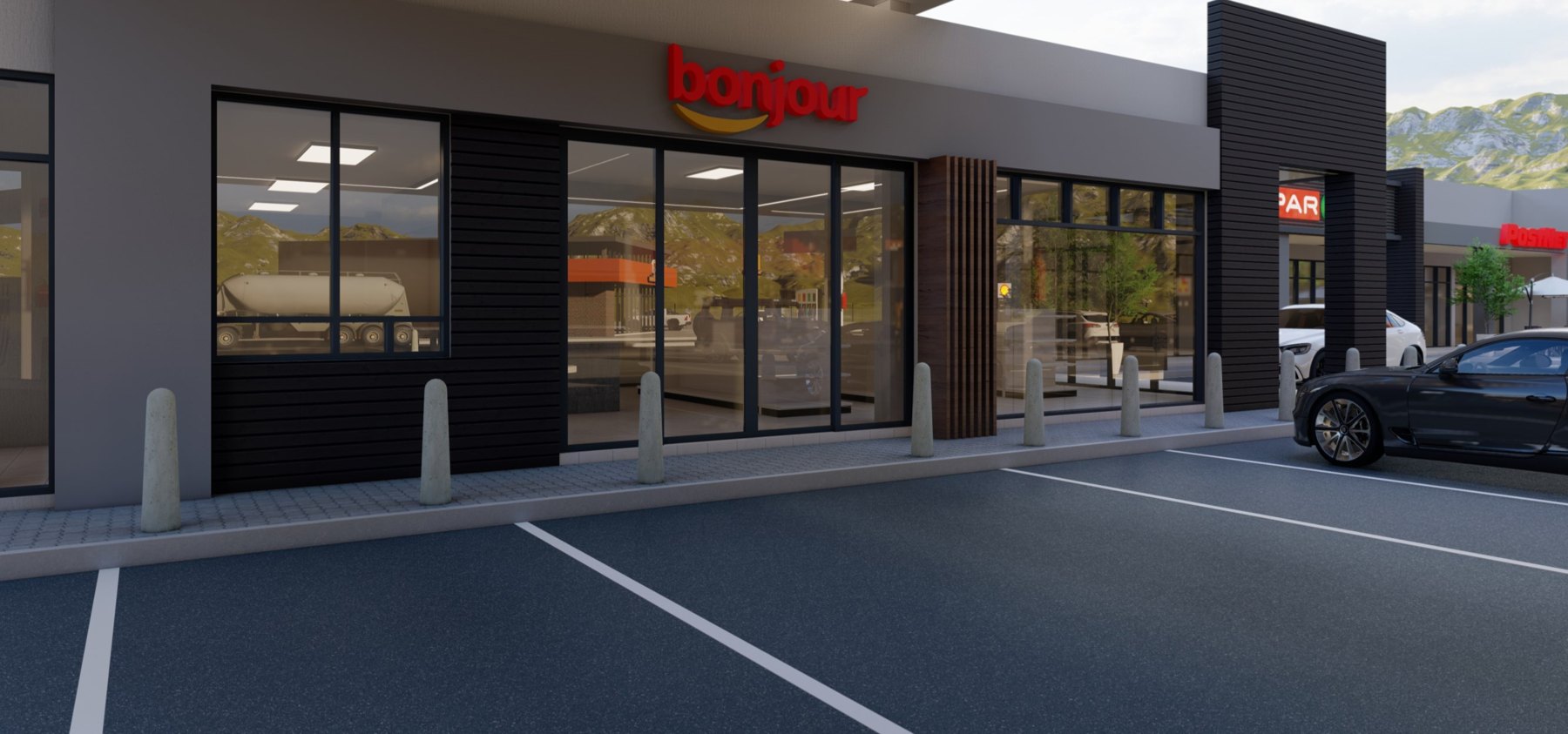 Render of the convenience store frontage at the station
