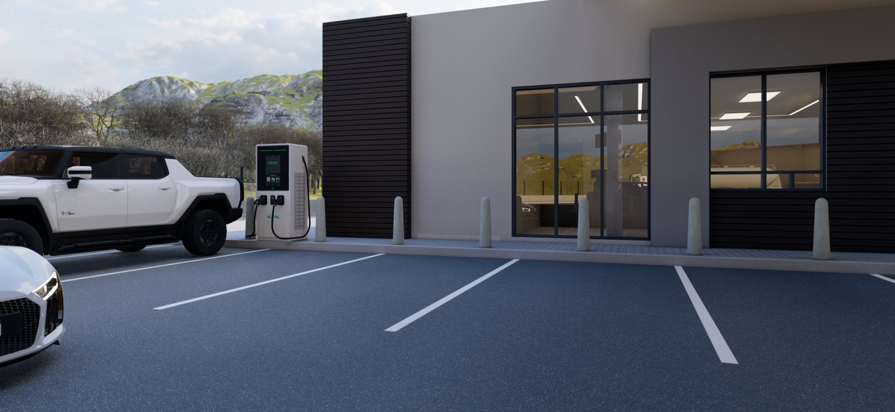 Render of the electric vehicle charging bays at the station