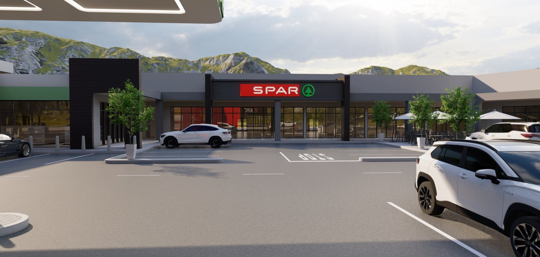 Render of the shopping centre entrance and parking