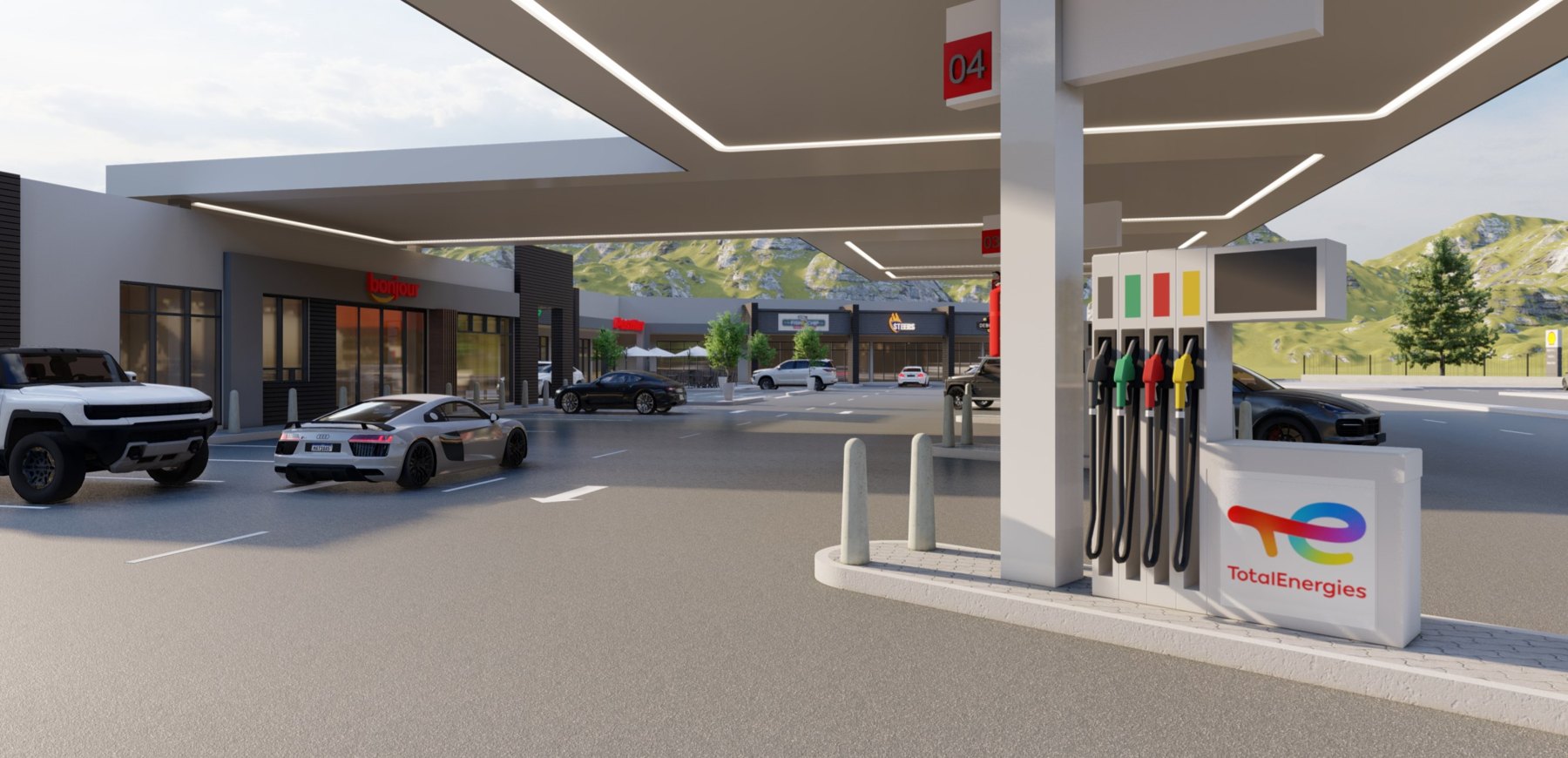 Render of the fuel pump islands under the canopy